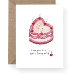 Love You Lots with a Cherry on Top card featuring a hand-painted vintage heart cake with cherries.