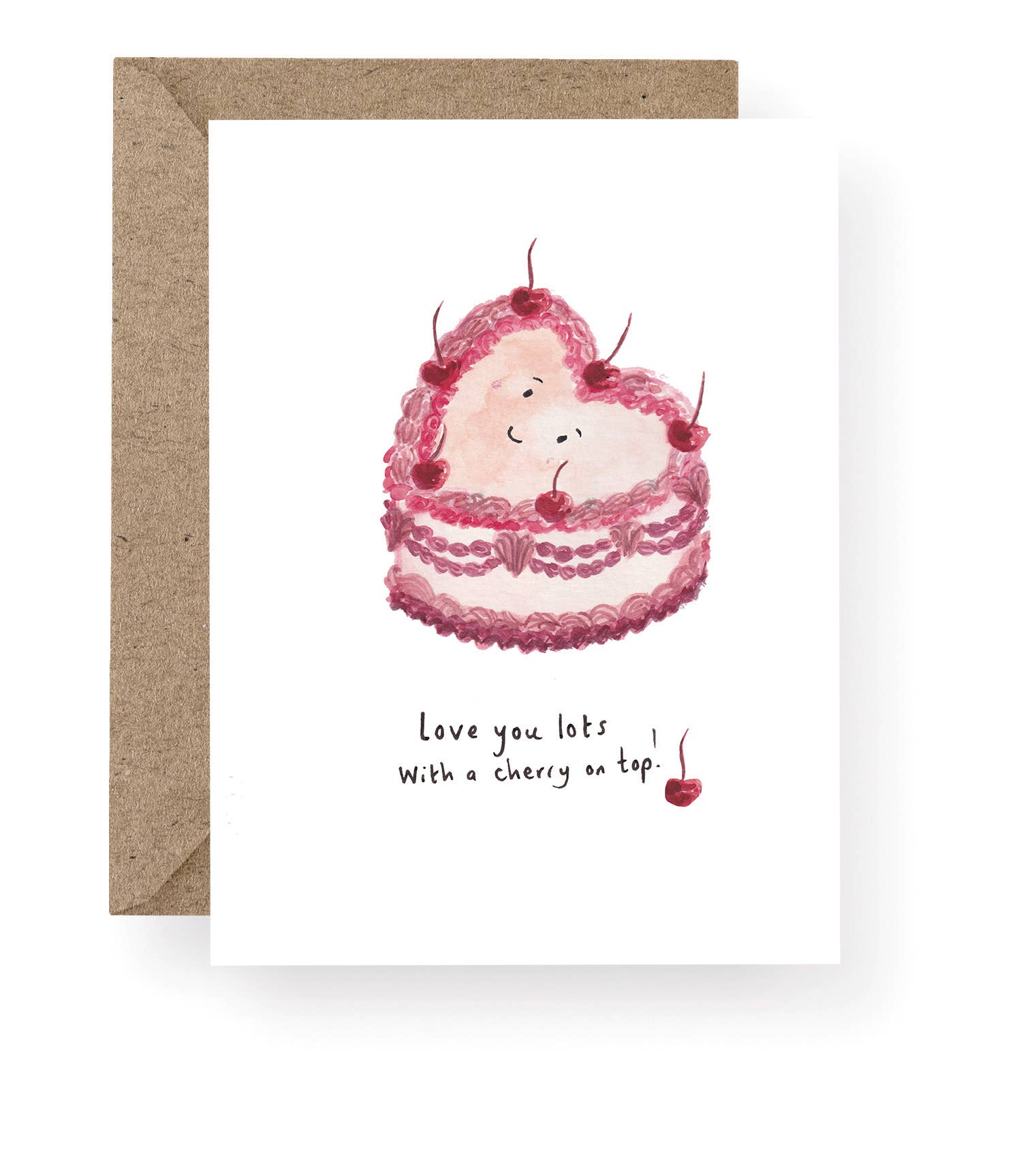 Love You Lots with a Cherry on Top card featuring a hand-painted vintage heart cake with cherries.