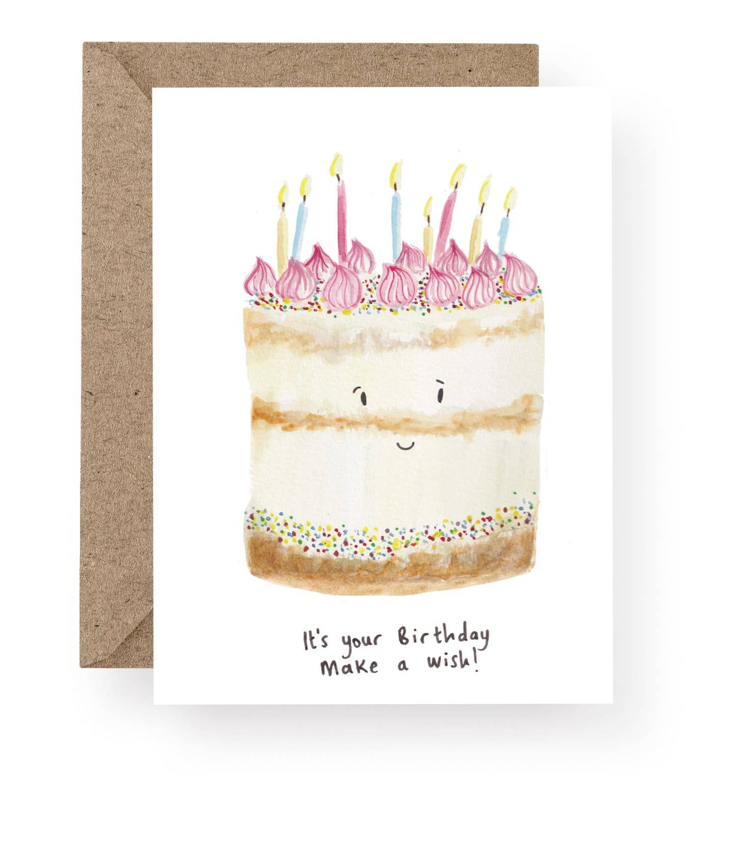 Make a Wish birthday card featuring an original hand-painted watercolour birthday cake.