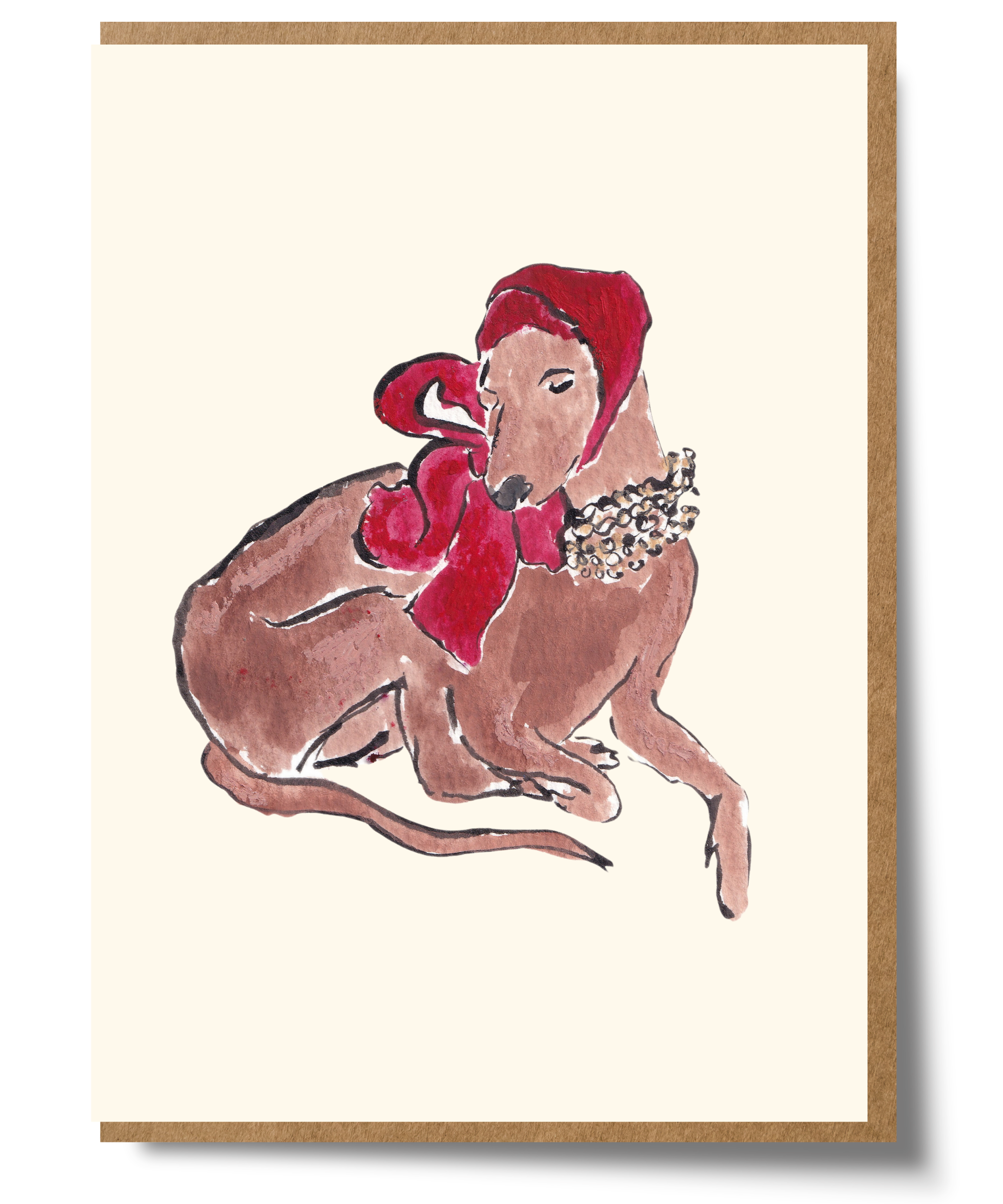 Mary Anna Emerson Dog with Headscarf greeting card featuring a hand-painted watercolour illustration of a dog wearing a headscarf.