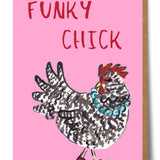 Mary Anna Emerson Funky Chick greeting card featuring a playful hand-painted watercolour chick illustration.