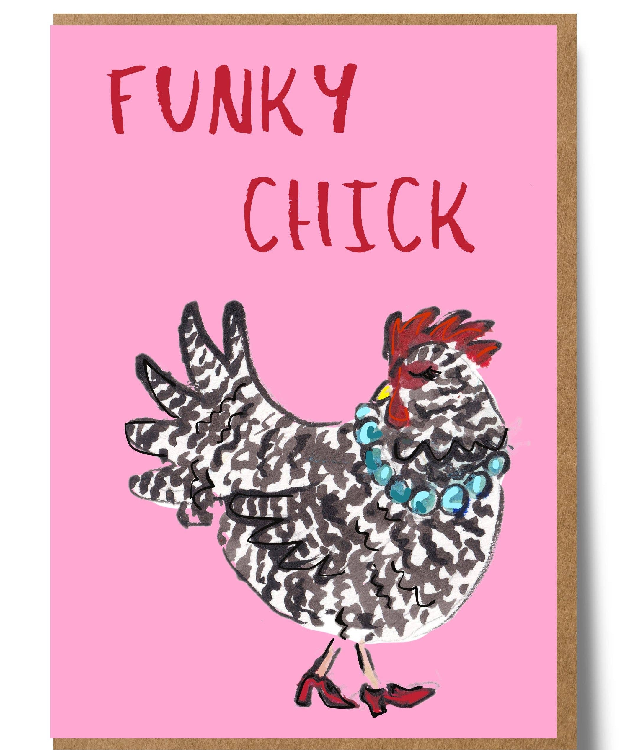 Mary Anna Emerson Funky Chick greeting card featuring a playful hand-painted watercolour chick illustration.