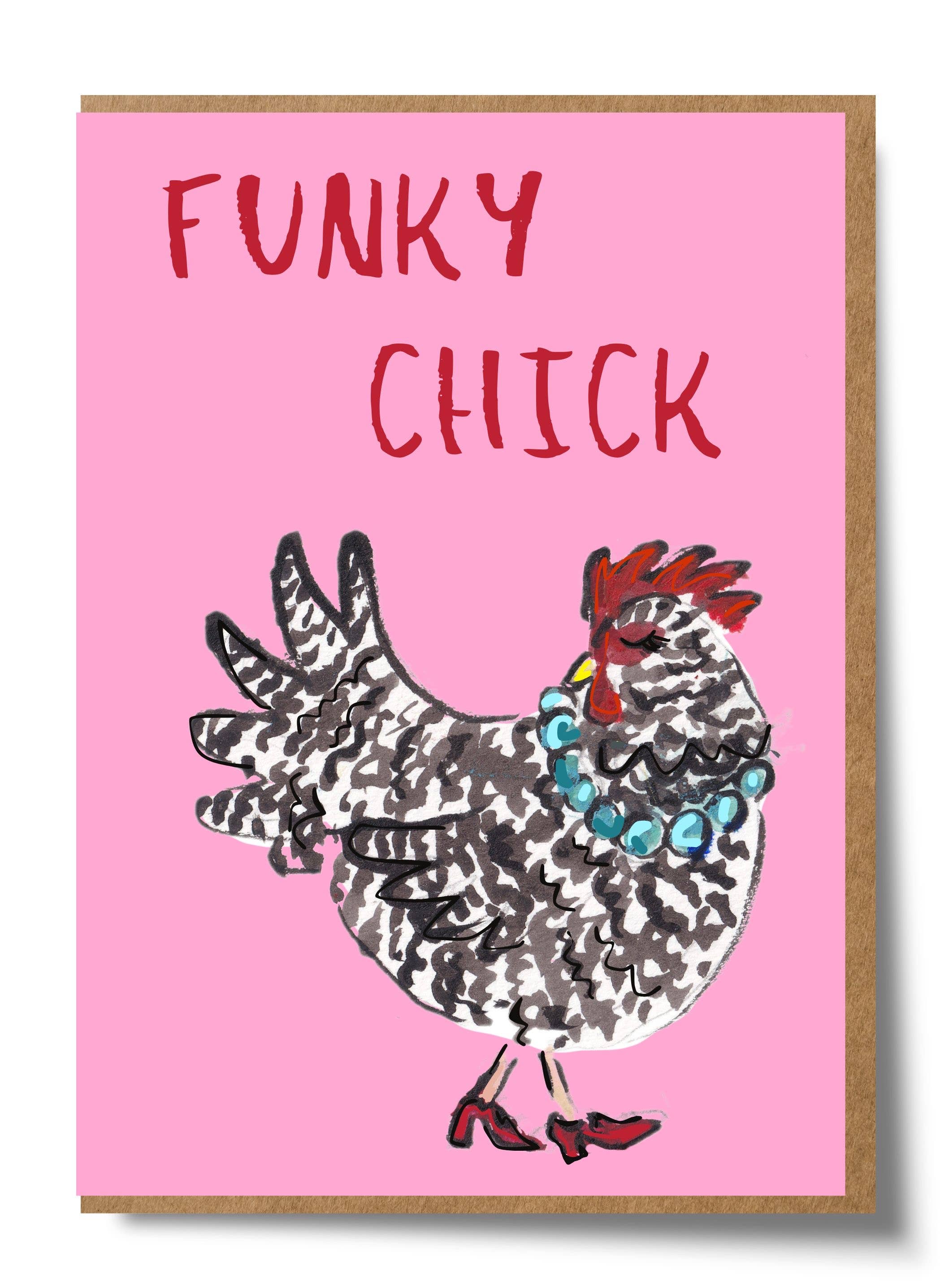 Mary Anna Emerson Funky Chick greeting card featuring a playful hand-painted watercolour chick illustration.