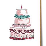 Mary Anna Emerson Pink Cake Birthday Card featuring a hand-painted watercolour illustration of a pink birthday cake.