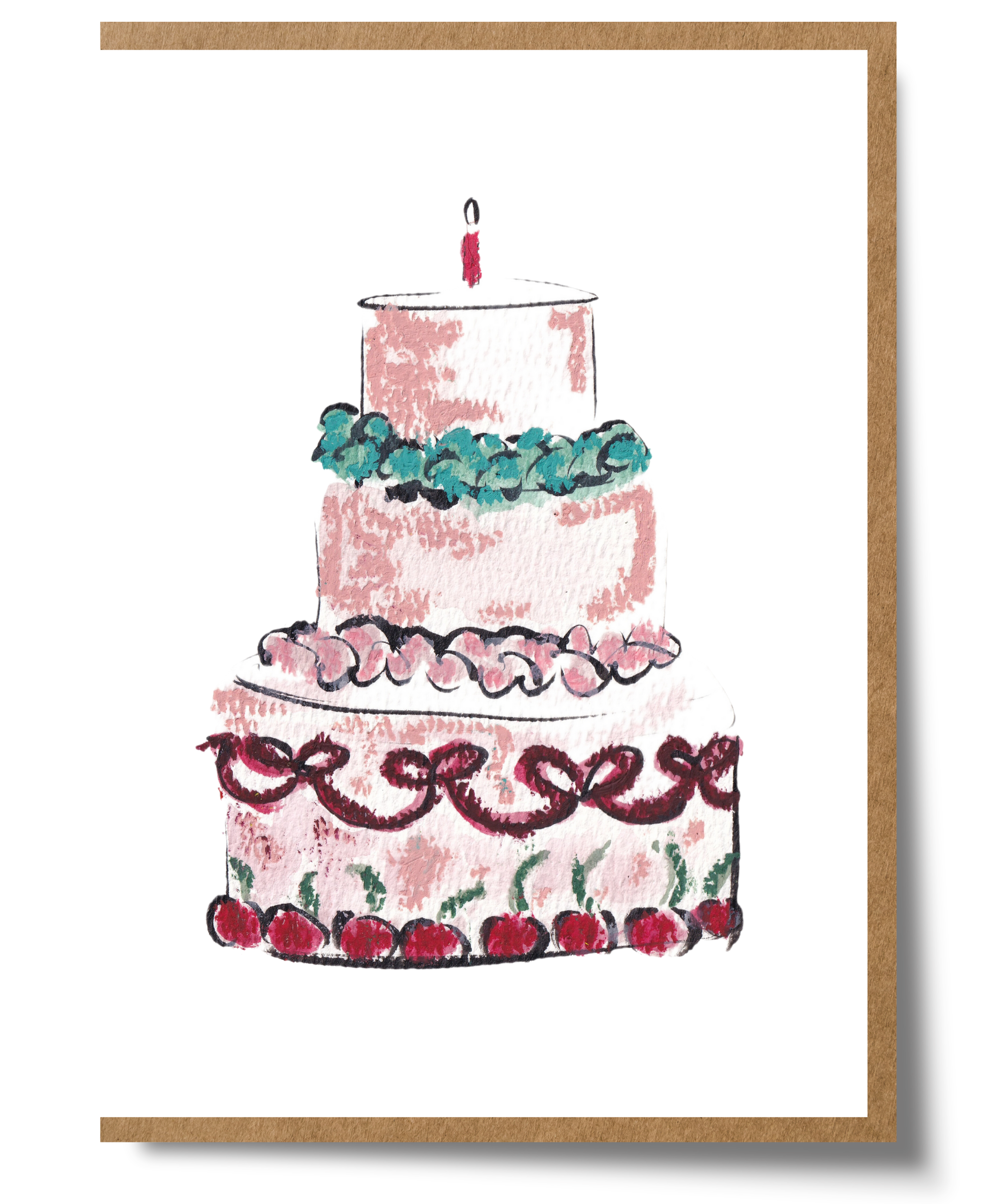Mary Anna Emerson Pink Cake Birthday Card featuring a hand-painted watercolour illustration of a pink birthday cake.
