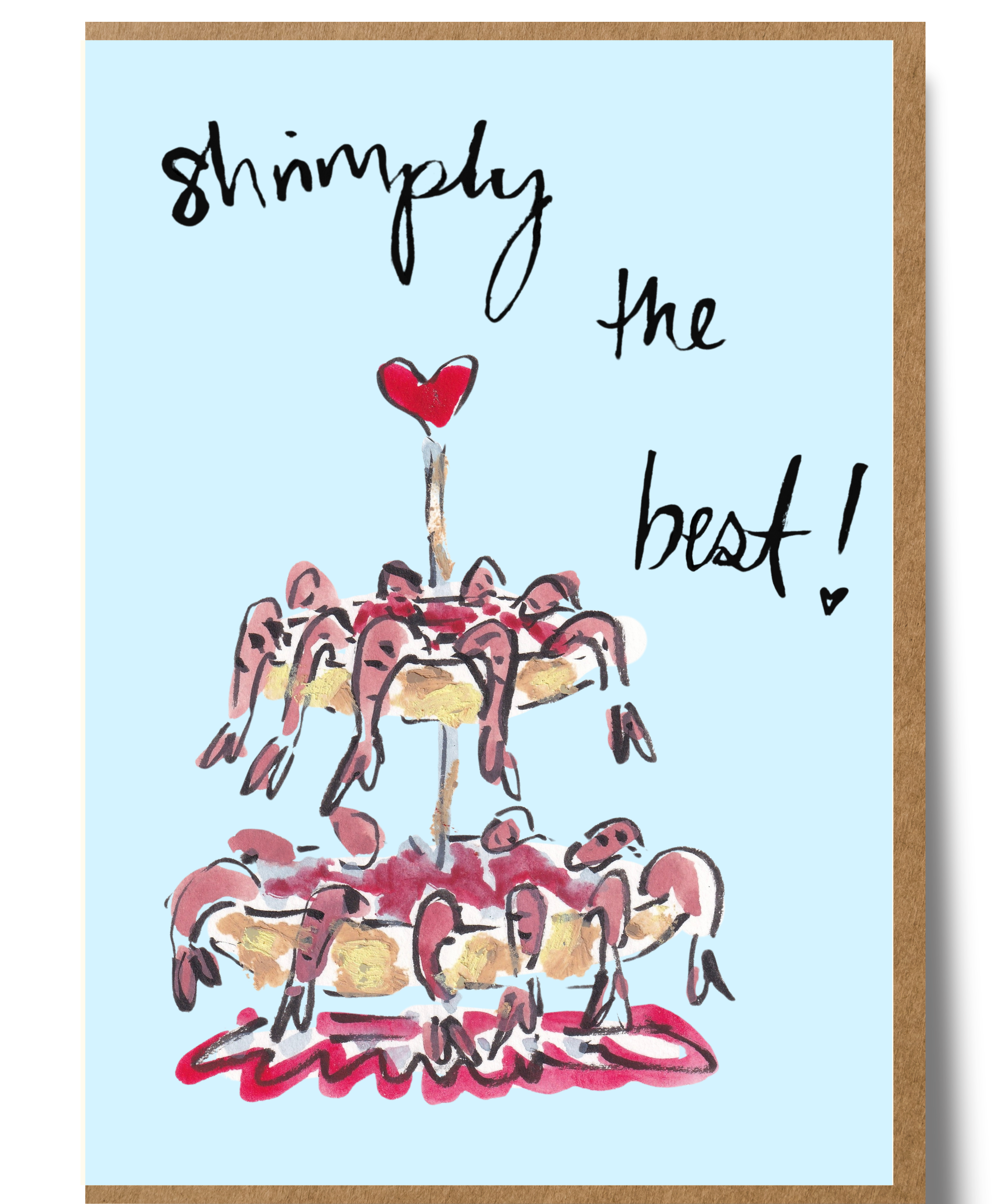 Mary Anna Emerson Shrimply the Best greeting card featuring a hand-painted watercolour shrimp illustration.
