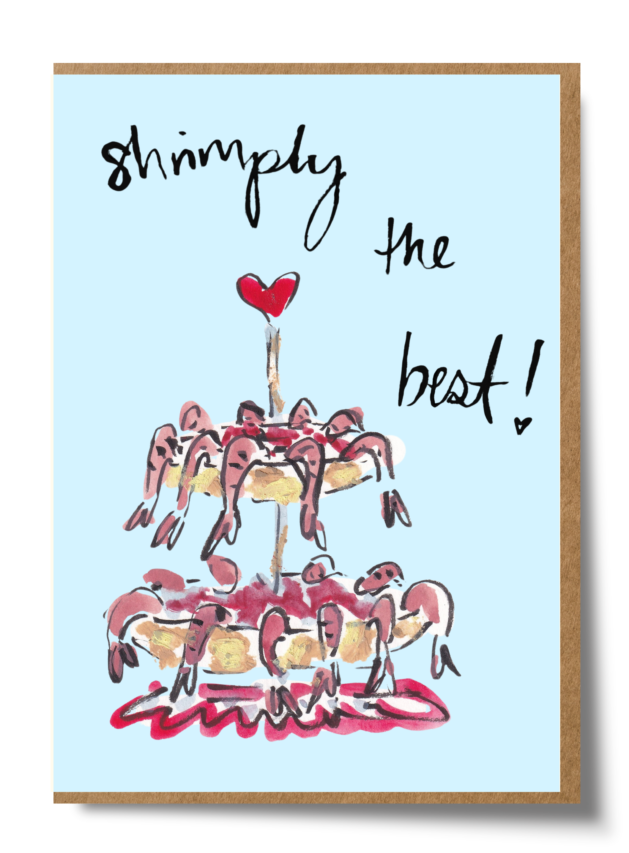 Mary Anna Emerson Shrimply the Best greeting card featuring a hand-painted watercolour shrimp illustration.