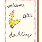 Mary Anna Emerson Welcome Little Duckling pink new baby greeting card with hand-painted watercolour illustration.
