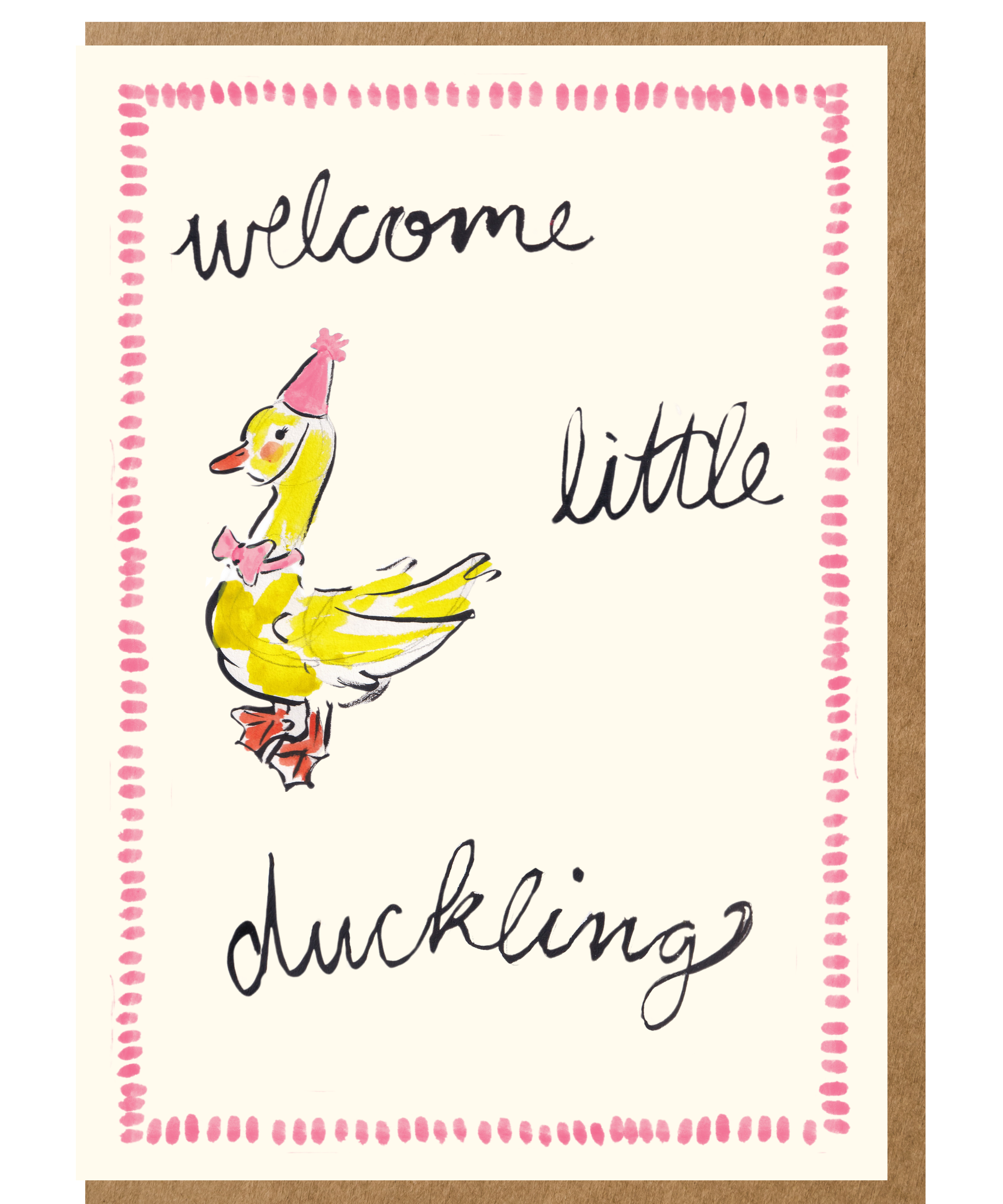 Mary Anna Emerson Welcome Little Duckling pink new baby greeting card with hand-painted watercolour illustration.