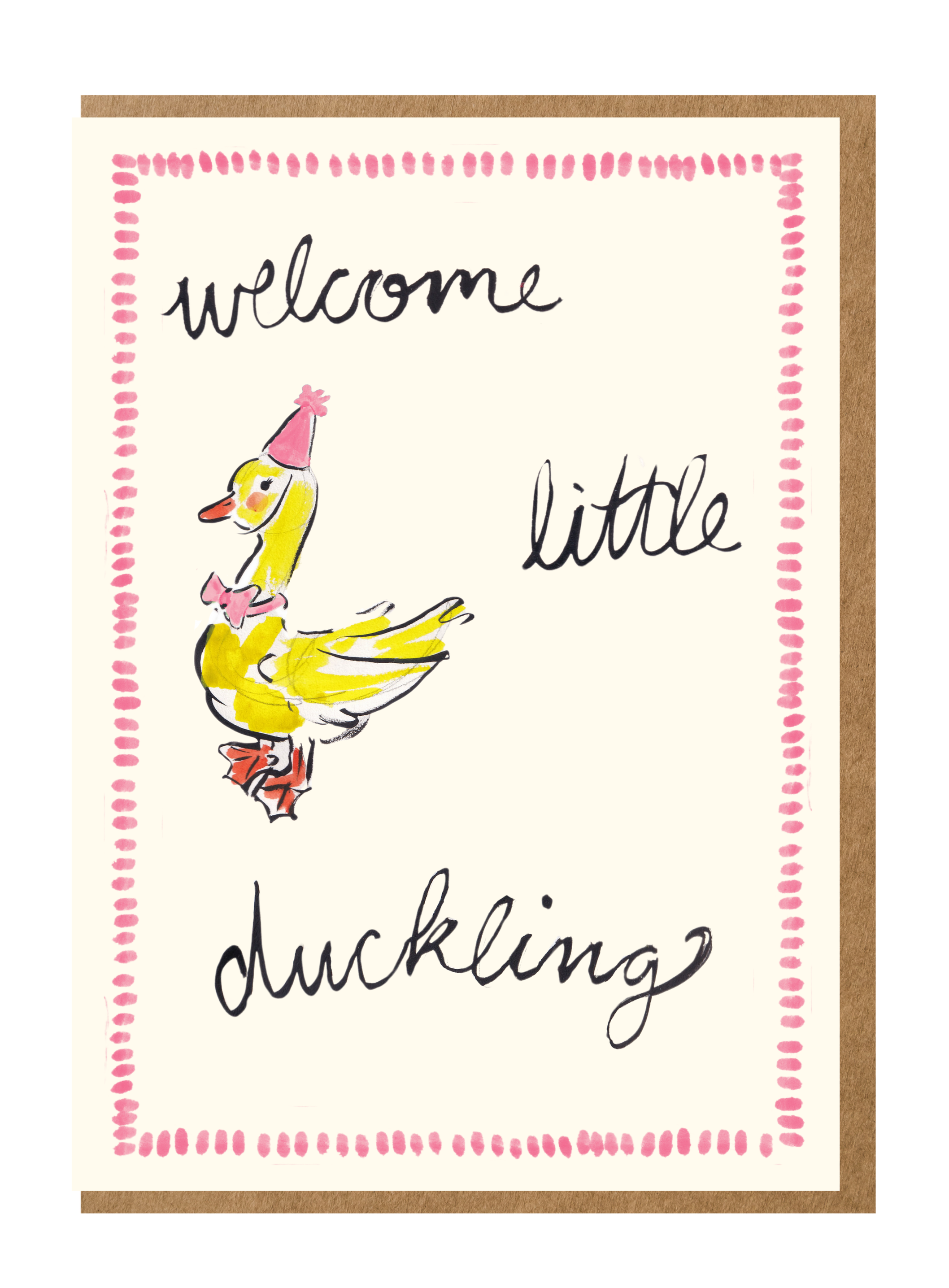 Mary Anna Emerson Welcome Little Duckling pink new baby greeting card with hand-painted watercolour illustration.
