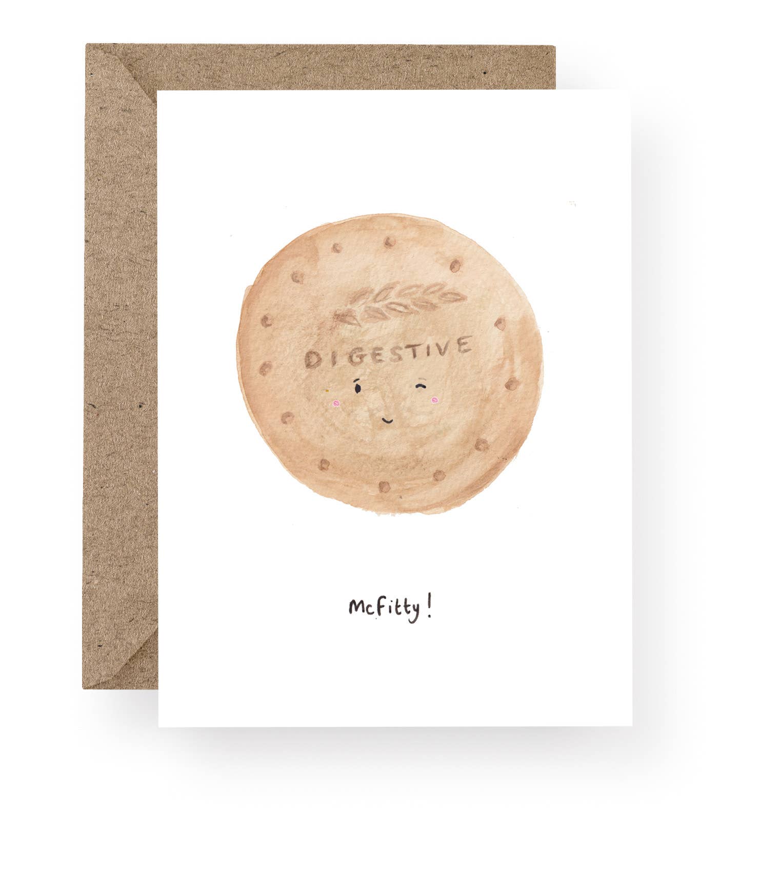 McFitty biscuit card featuring an original hand-painted watercolour Digestive-style biscuit.