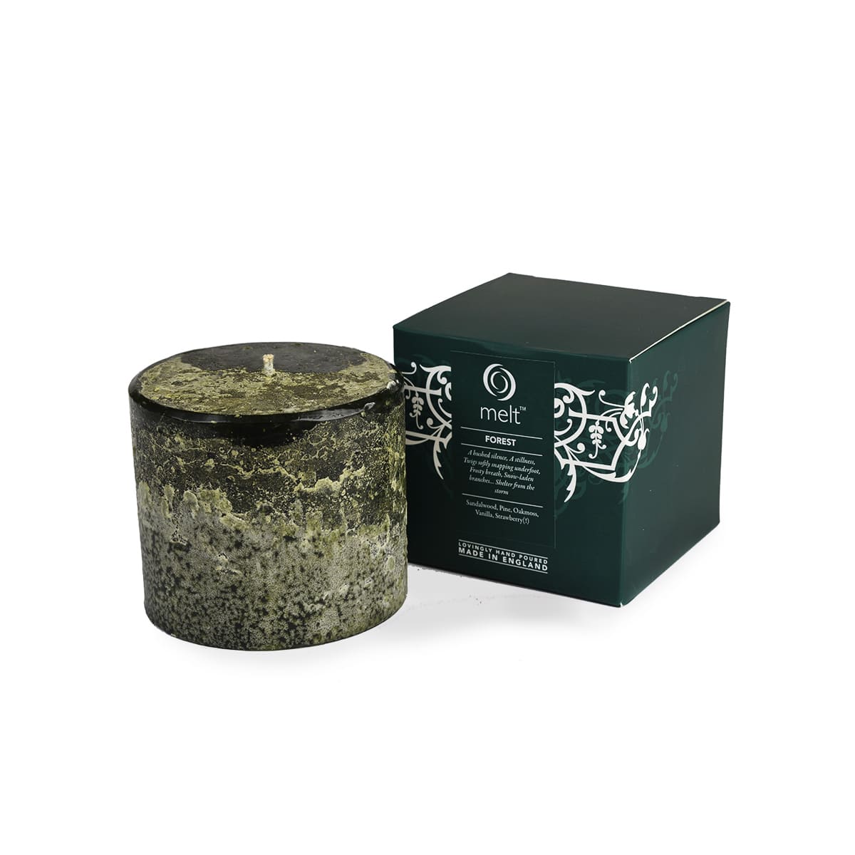 Melt Forest scented pillar candle with rich pine, sandalwood, oakmoss and vanilla fragrance notes, styled as a luxury woodland home fragrance candle.