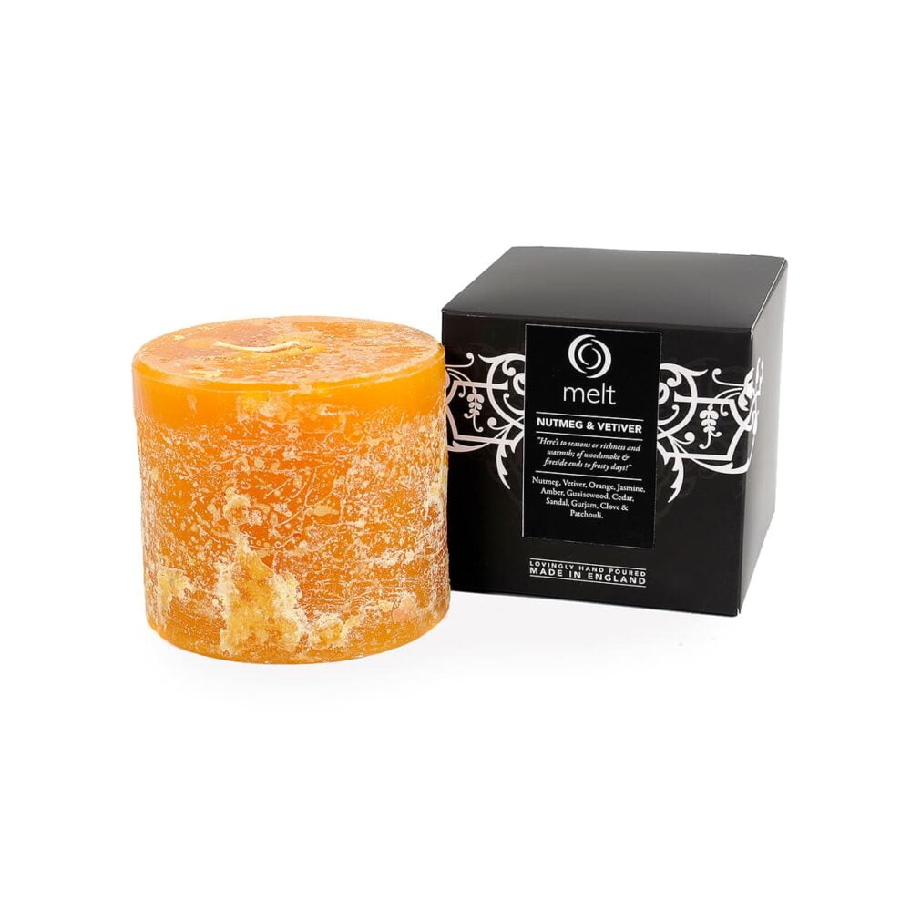 Hand-poured in England, the Melt Nutmeg & Vetiver Pillar Candle blends warming spices, smoky vetiver and rich woods with an 80-hour burn time.