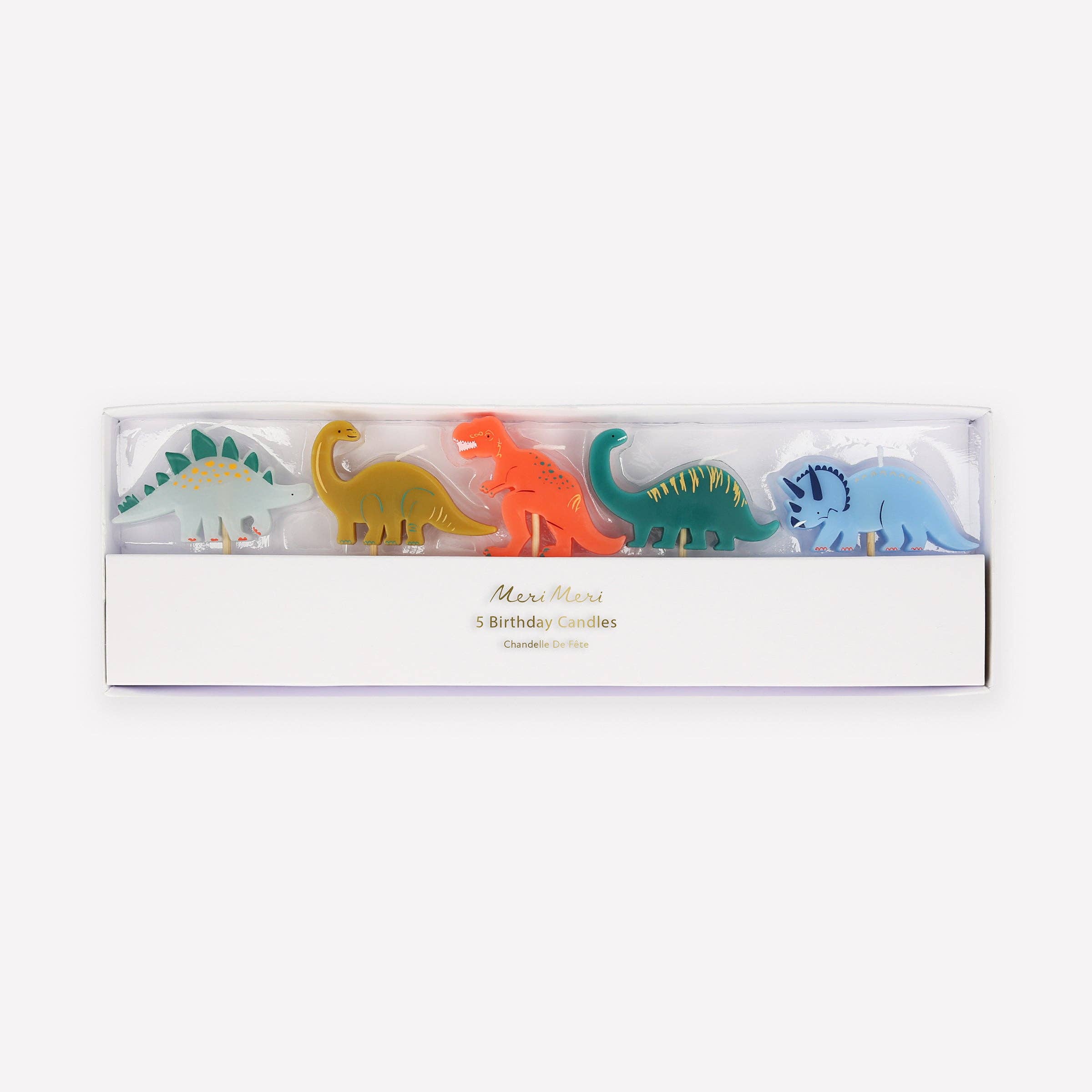 Pack of colourful dinosaur birthday candles including T-Rex, Stegosaurus and Triceratops designs for cakes and party celebrations.