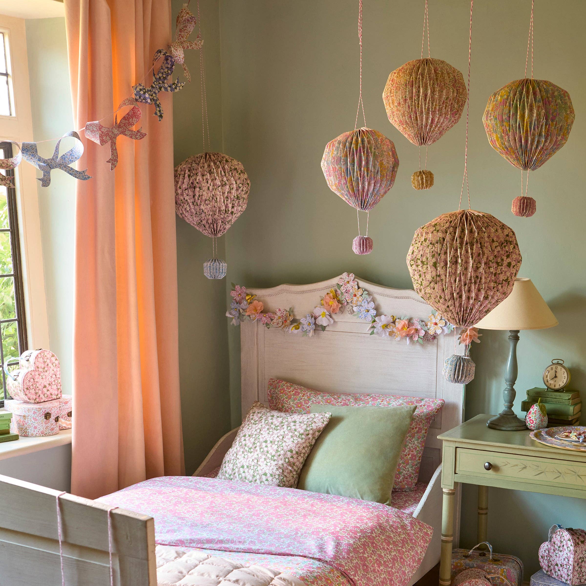 Meri Meri x Liberty origami hot air balloon decorations in floral Liberty prints