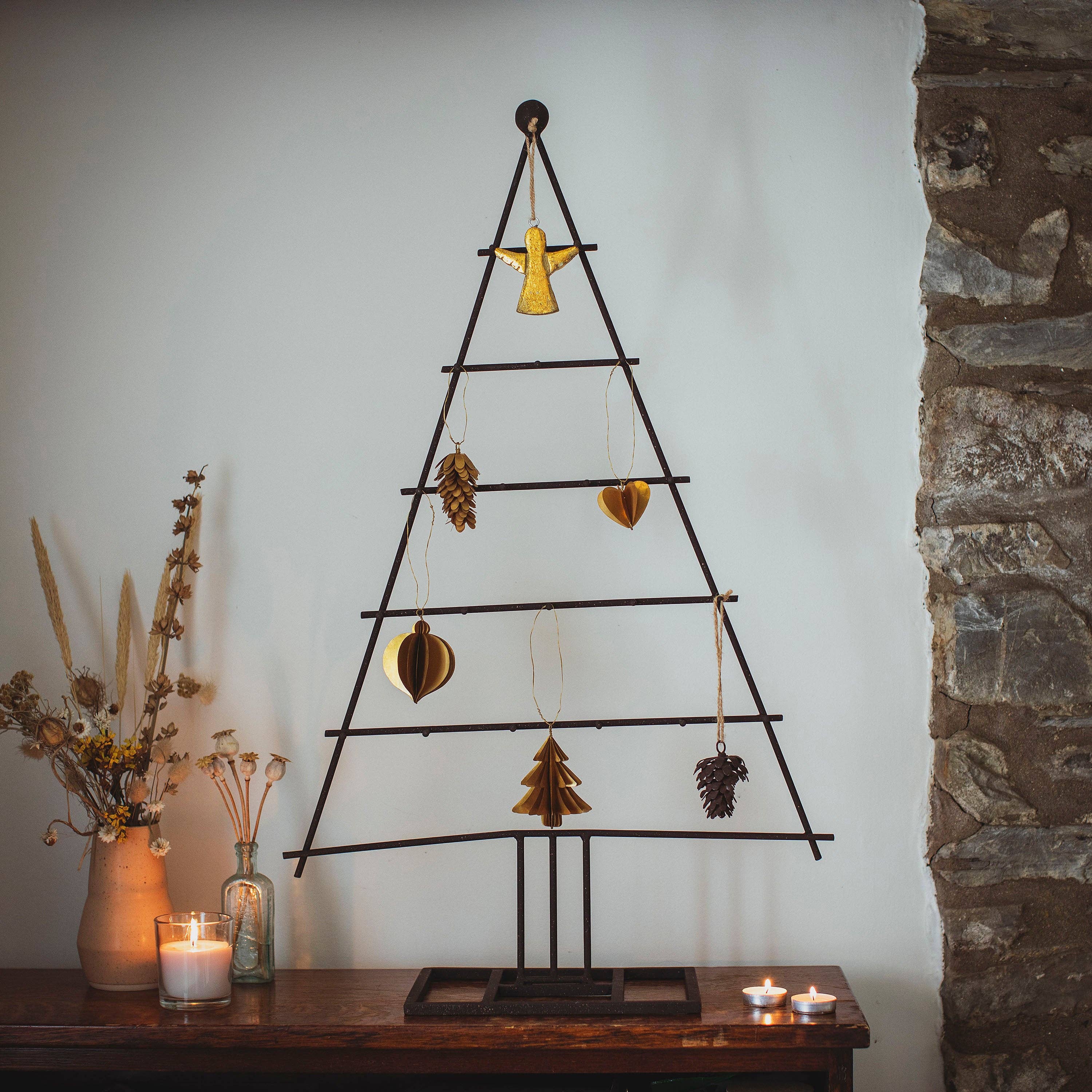 Large metal Christmas tree decoration stand with a speckled vintage-effect finish, measuring 82cm tall with 21 hanging points for baubles.