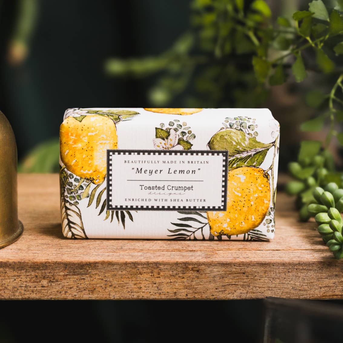 Meyer Lemon luxury soap bar with shea butter. Triple milled, vegan and made in Britain. A fresh, citrus fragrance in fully recyclable packaging.