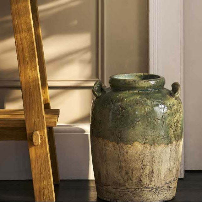 Meysey Fern Green Terracotta Vase with hand-finished reactive glaze.