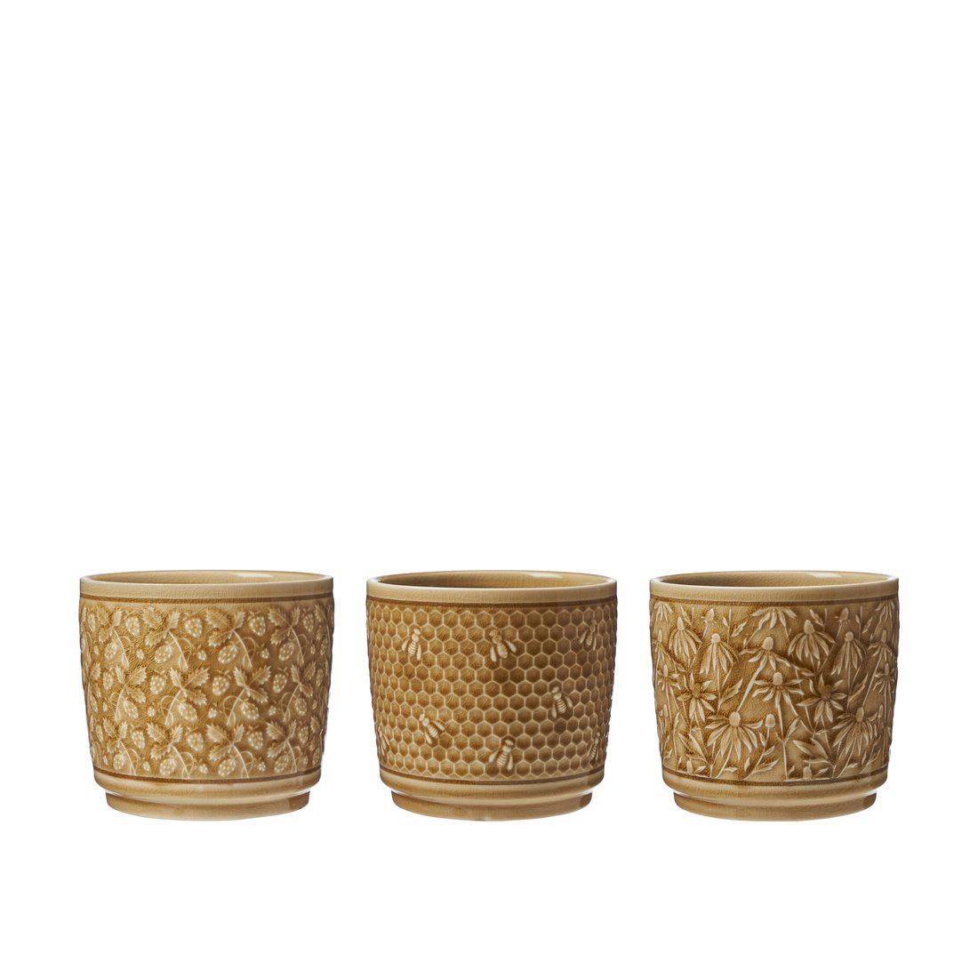 Milia decorative plant pot featuring Wild Strawberries, Bee and Cosmos botanical designs for indoor houseplants.