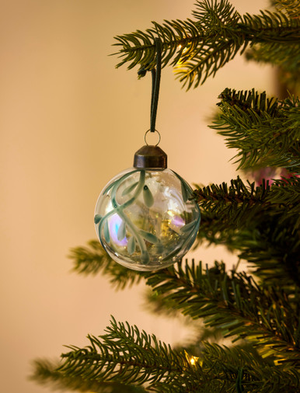 Clear glass Christmas baubles with hand-painted green mistletoe design and dark green hanging loops