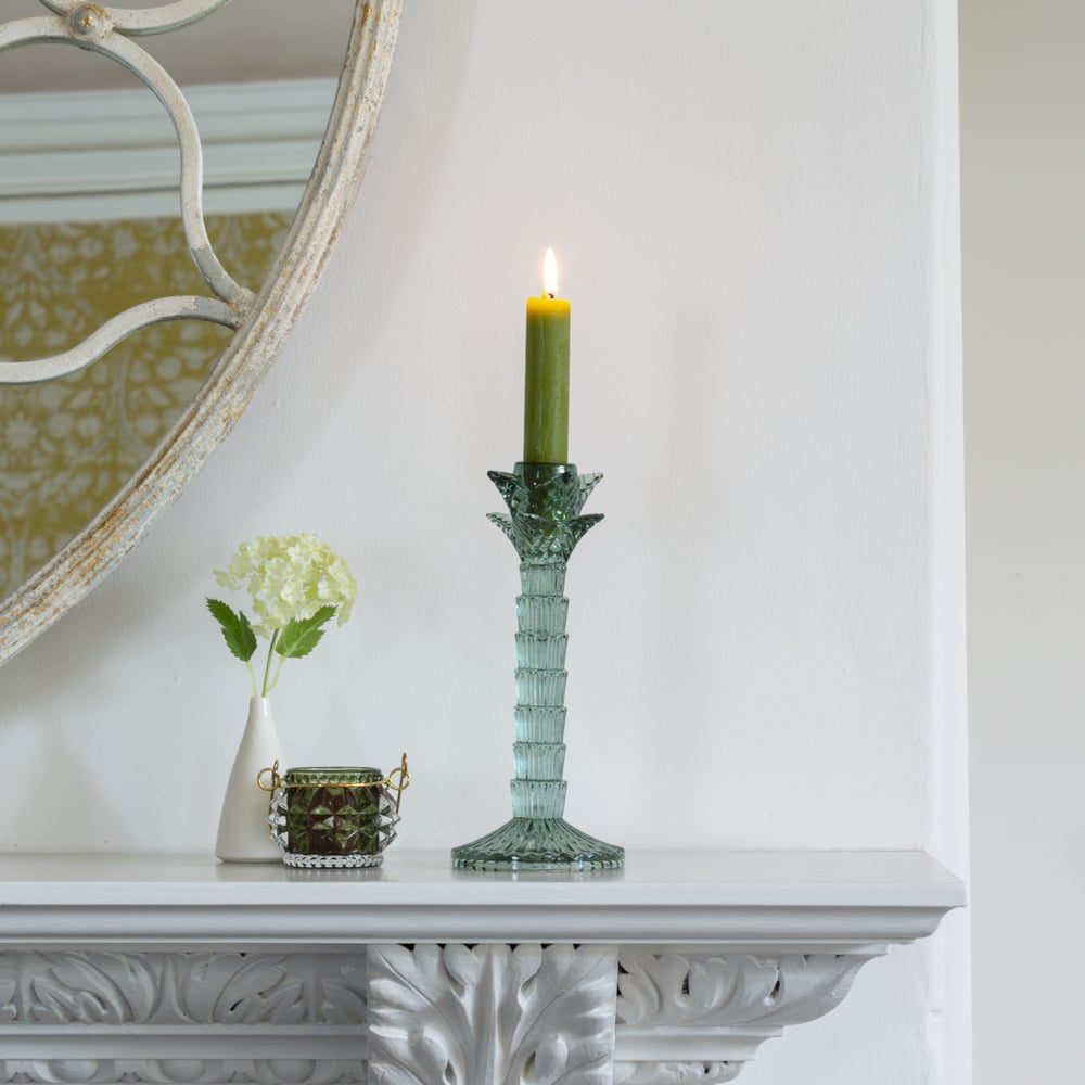 Handblown Montebello green glass candlestick shaped like a tropical palm tree