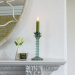Handblown Montebello green glass candlestick shaped like a tropical palm tree