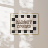 Shop the Naughty Corner wall art print by Wisdom & Wonder x Hey Wonder. A playful black and cream landscape print perfect for modern gallery walls and stylish interiors.