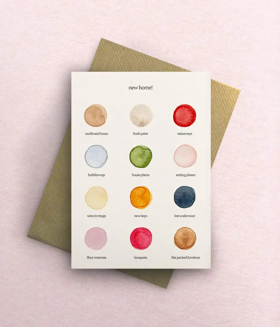Contemporary New Home Colour Palette greetings card featuring hand-painted watercolour swatches inspired by fresh paint and new beginnings.