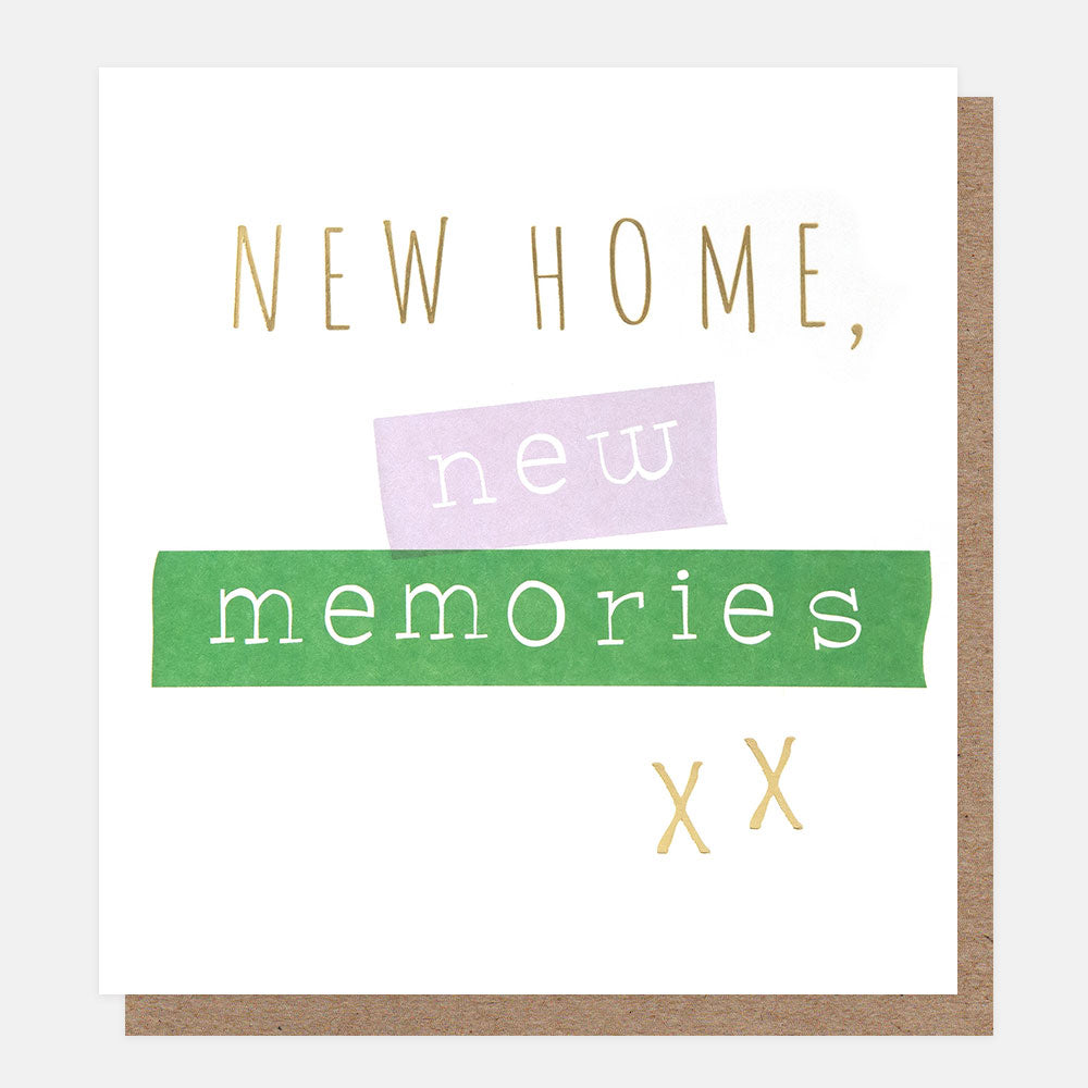 New Home New Memories greeting card with colourful ticker tape design, gold foil and embossed detailing.