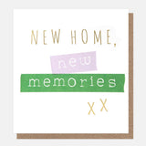 New Home New Memories greeting card with colourful ticker tape design, gold foil and embossed detailing.