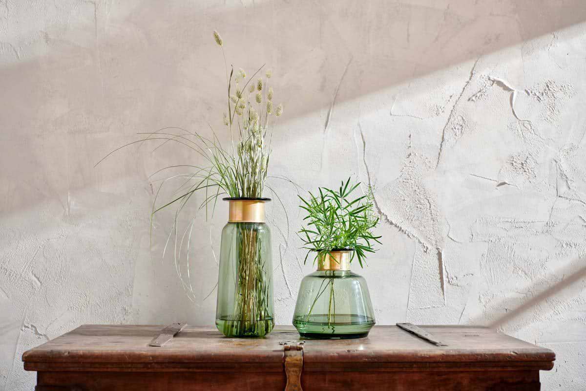 Nkuku Miza green glass vase with gold-toned decorative neck ring