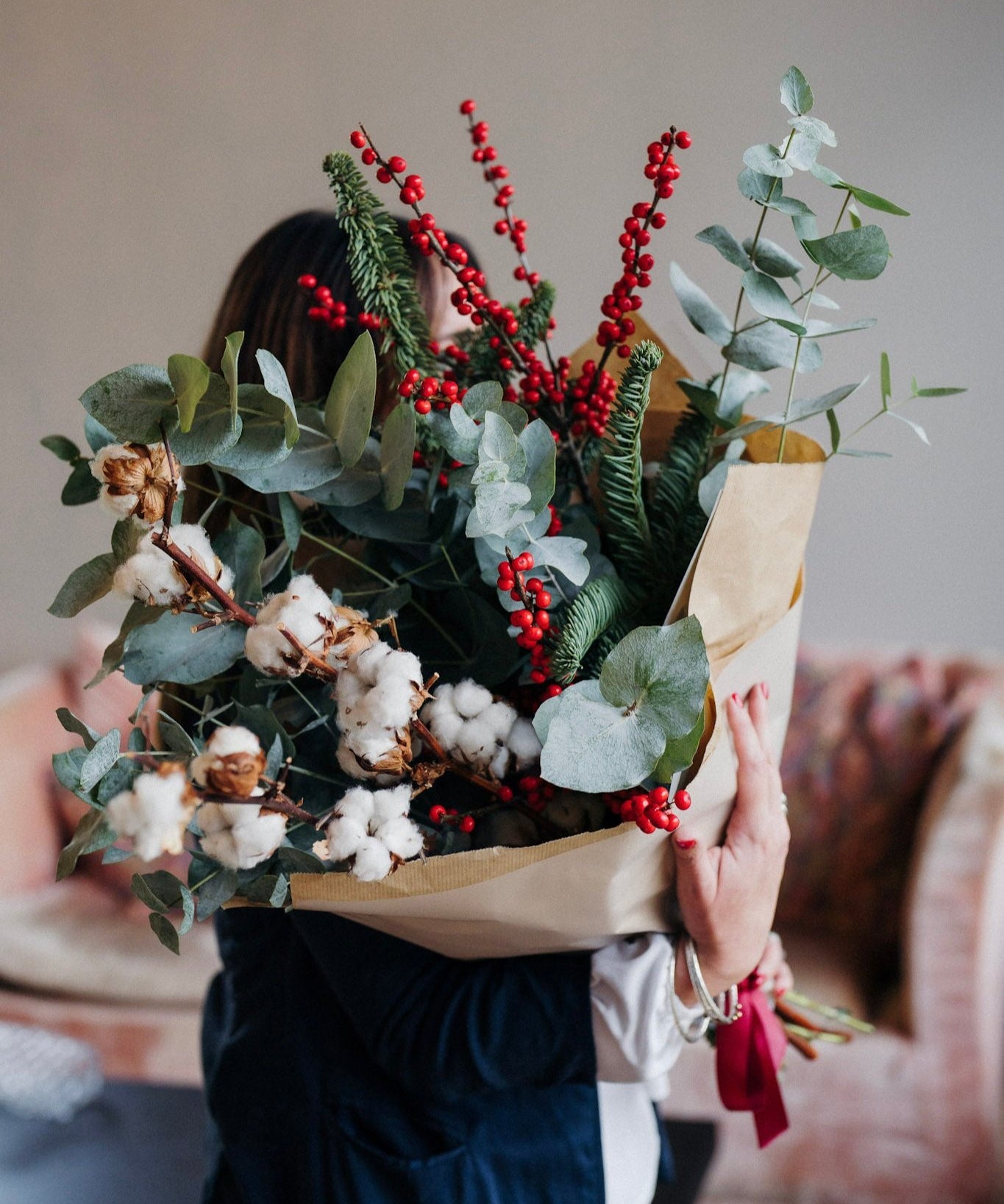 The Nordic Jewel is a fresh Christmas foliage and winter stem bunch with eucalyptus, berries, pine and seasonal textures, ready to arrange at home.