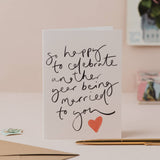 Oh Squirrel Celebrate Another Year Married anniversary card featuring a contemporary hand-lettered design.