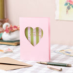 Oh Squirrel Happy Birthday card with green stripes and pink cut-out heart