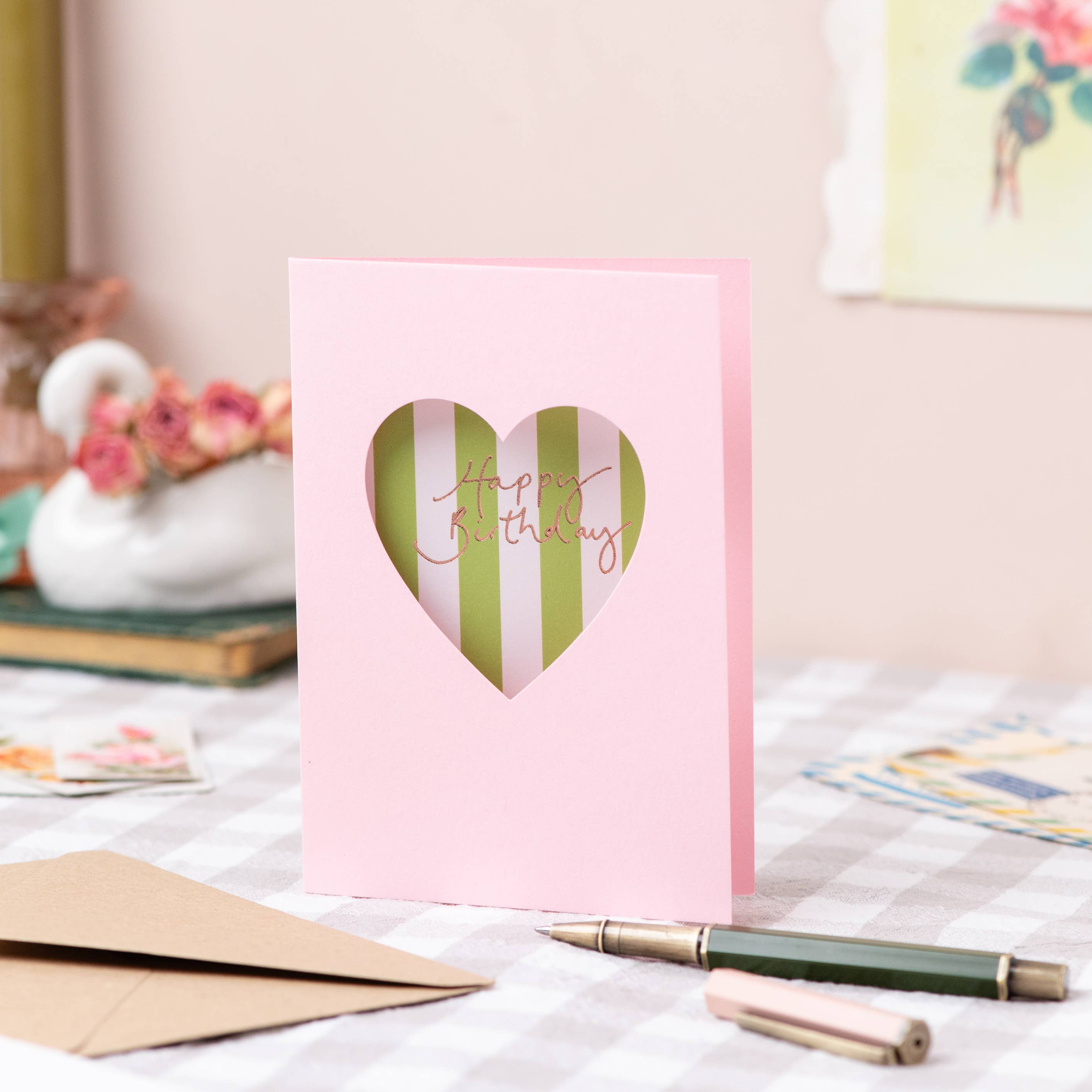 Oh Squirrel Happy Birthday card with green stripes and pink cut-out heart