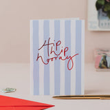 Oh Squirrel Hip Hip Hooray celebration card with blue stripes and foil lettering