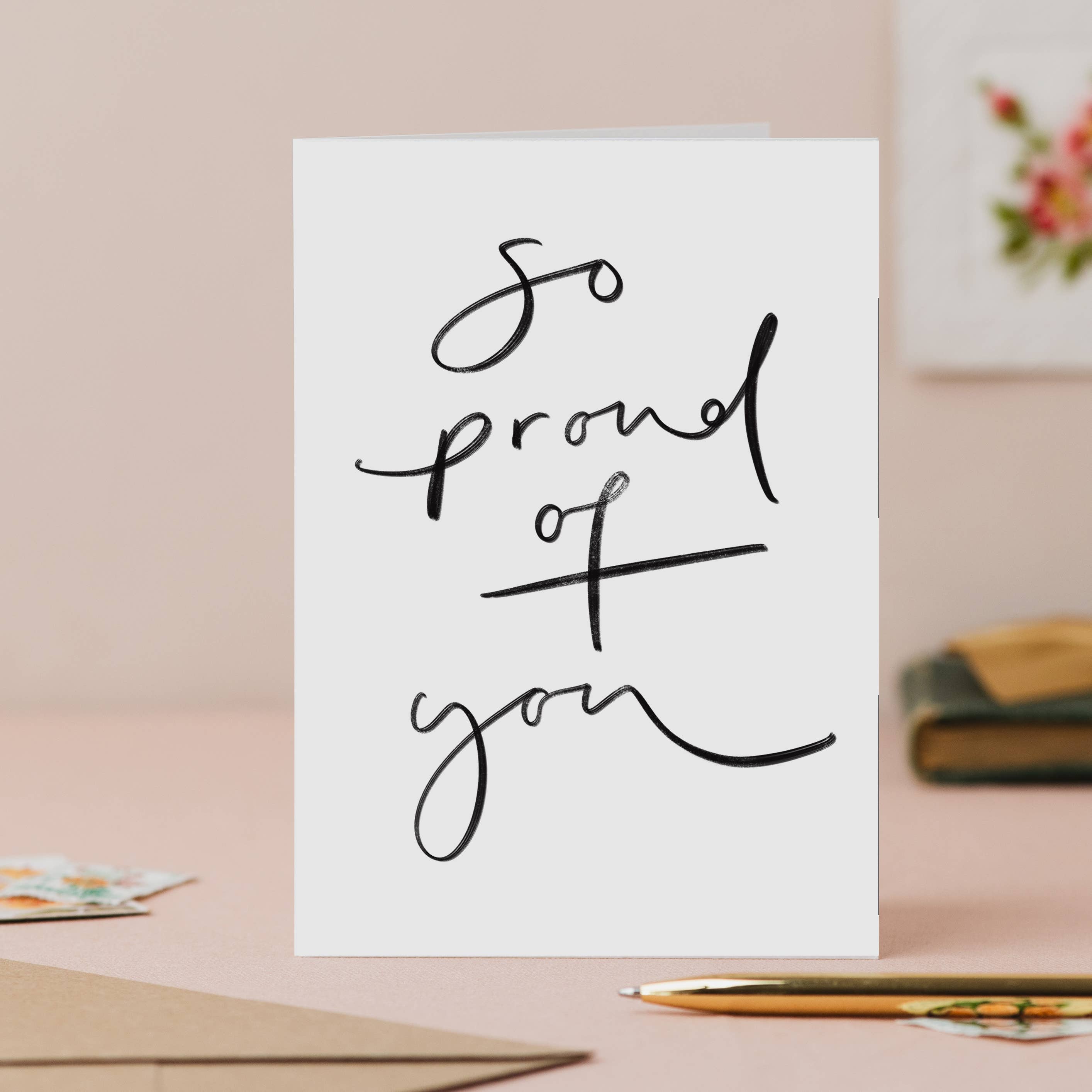 Oh Squirrel So Proud of You handwritten congratulations card on textured cardstock.