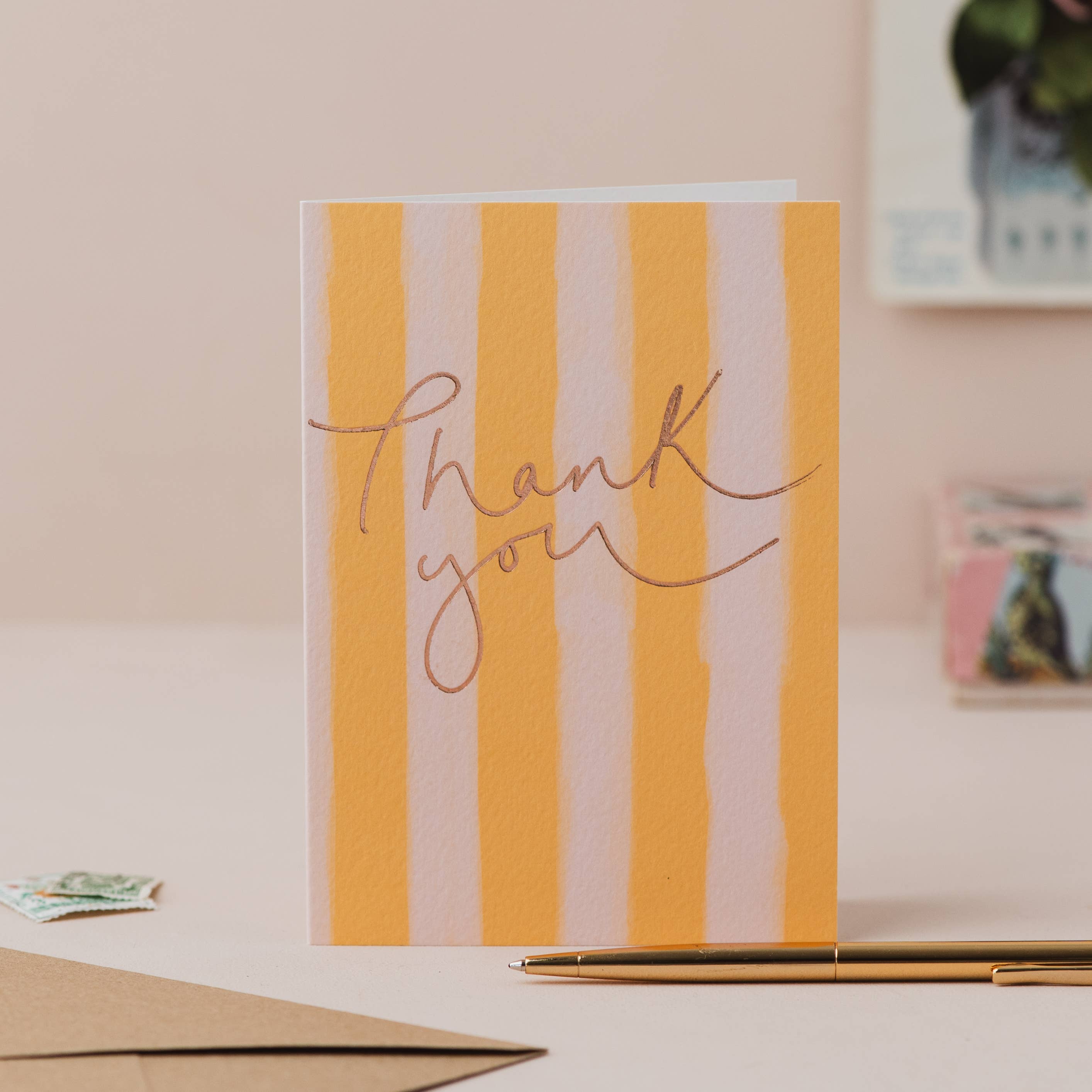Oh Squirrel Thank You card with peach and mustard stripes and rose gold foil lettering