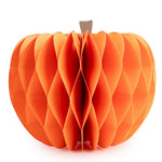 Orange 17cm honeycomb paper pumpkin decoration with a brown stem, designed for autumn, harvest and Halloween home décor.