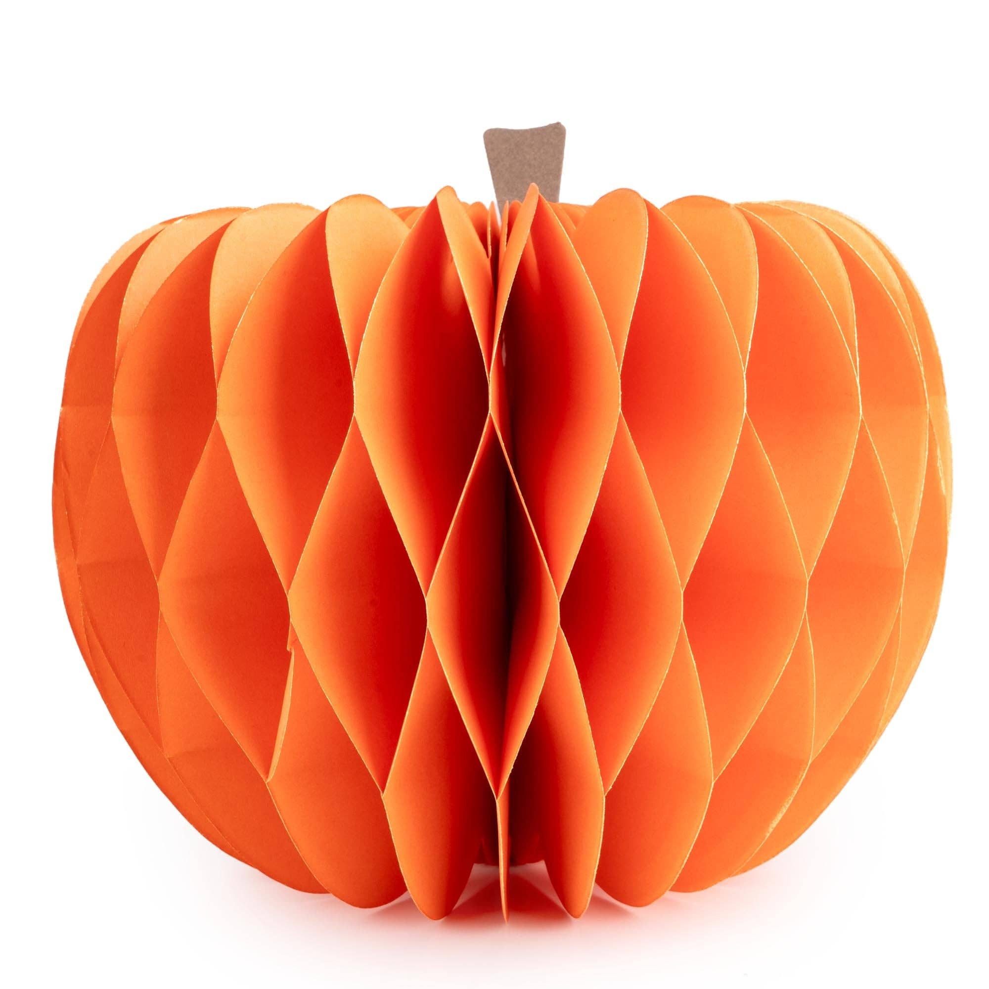 Orange 17cm honeycomb paper pumpkin decoration with a brown stem, designed for autumn, harvest and Halloween home décor.