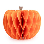 Orange 21cm honeycomb paper pumpkin decoration with a brown stem, displayed as a reusable autumn and Halloween home decoration.