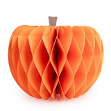 Orange 21cm honeycomb paper pumpkin decoration with a brown stem, displayed as a reusable autumn and Halloween home decoration.