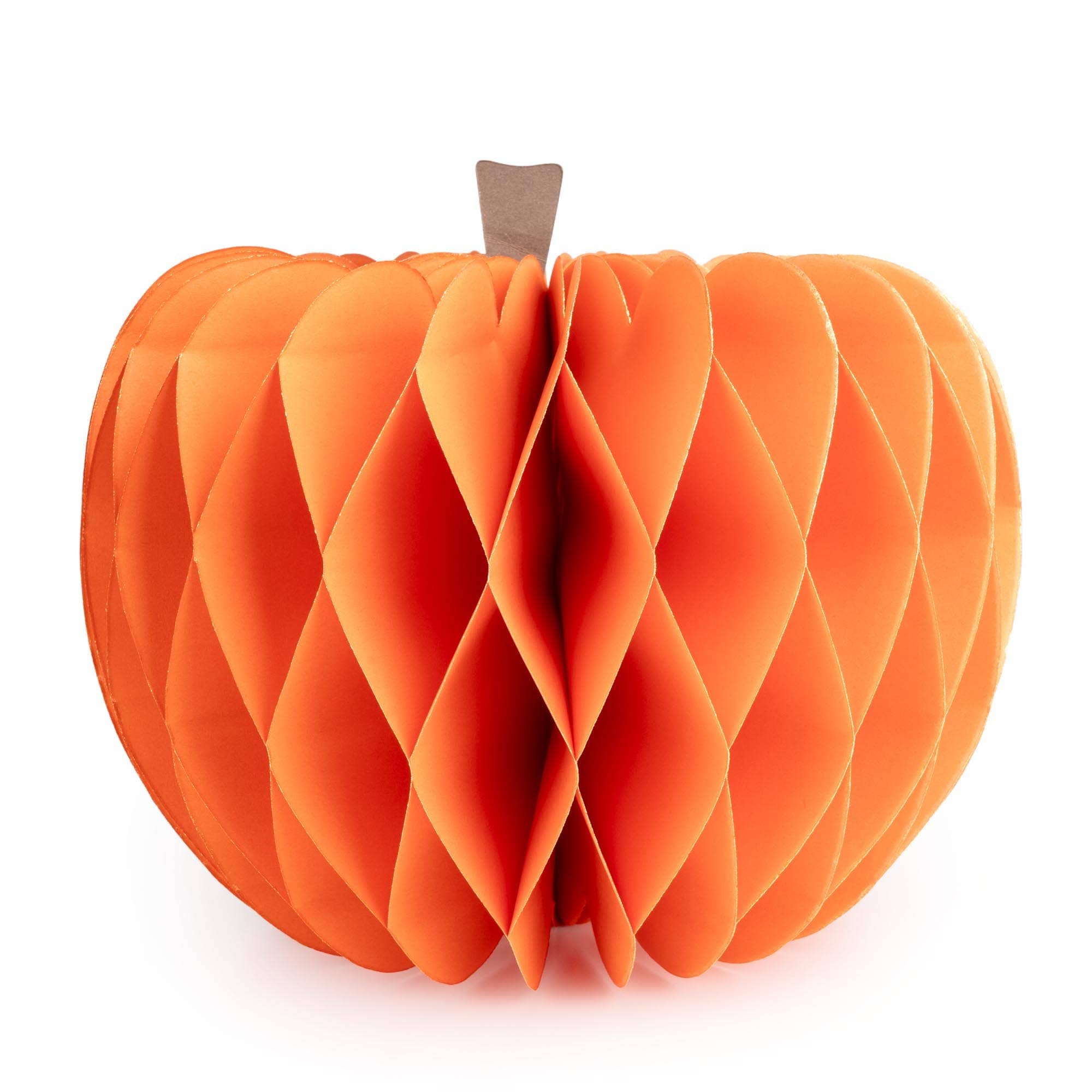 Orange 21cm honeycomb paper pumpkin decoration with a brown stem, displayed as a reusable autumn and Halloween home decoration.