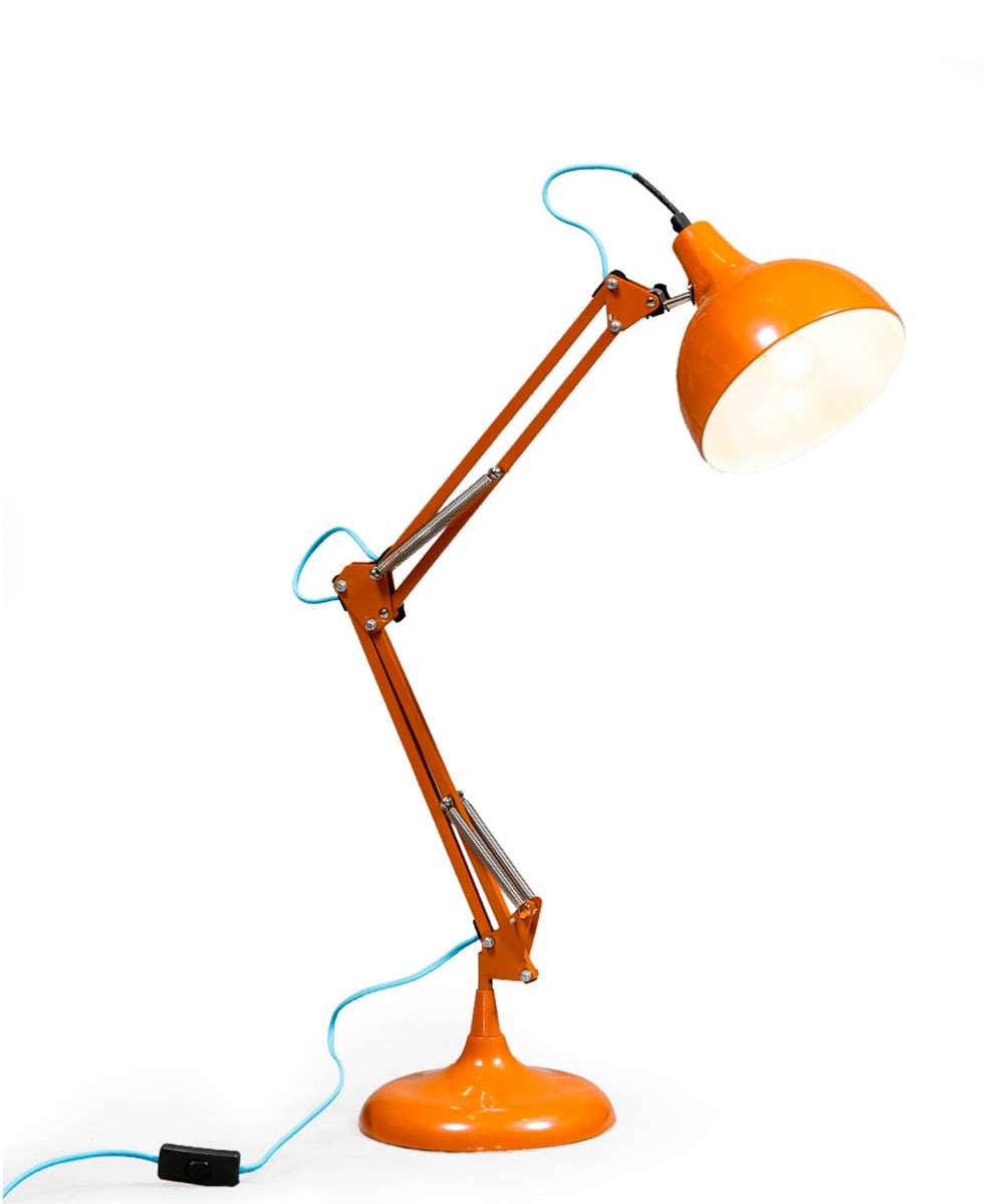 Stylish orange traditional desk lamp with contrasting blue fabric flex. A colourful statement table lamp for desks, bedrooms and cosy interiors.
