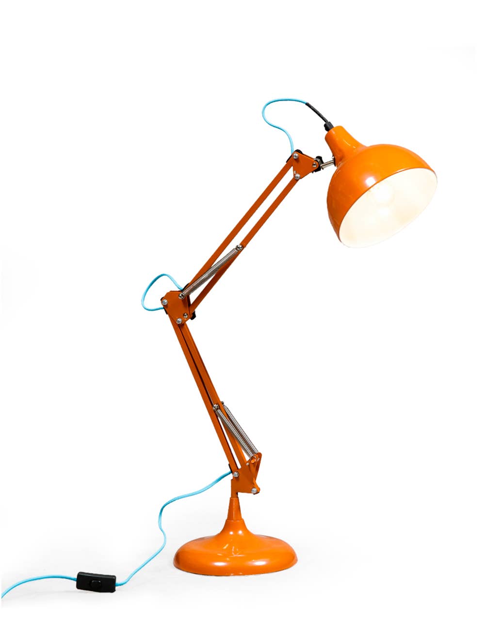 Stylish orange traditional desk lamp with contrasting blue fabric flex. A colourful statement table lamp for desks, bedrooms and cosy interiors.
