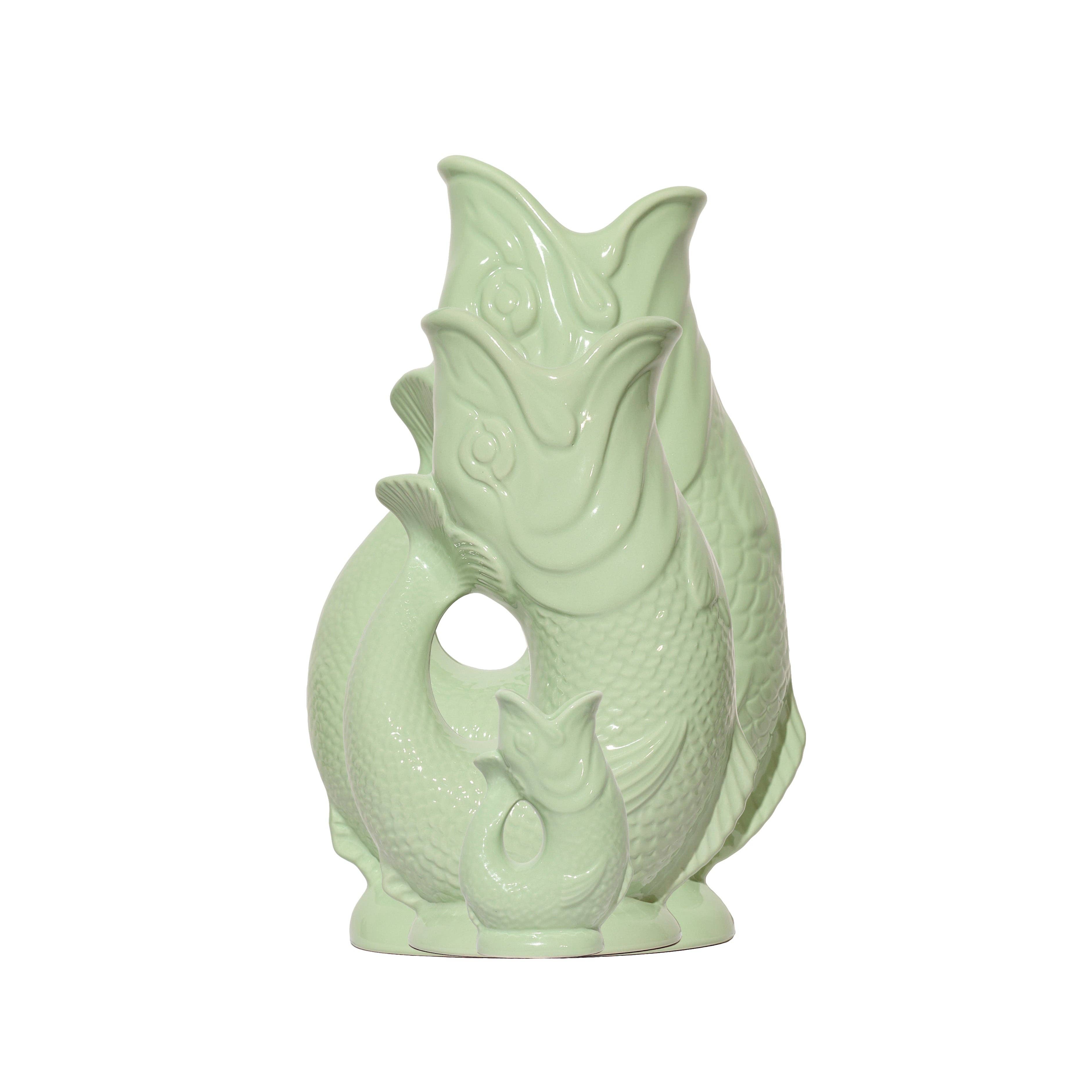 Shop the Original Gluggle Jug in Pistachio. Handmade in England since the 1870s, this iconic fish-shaped ceramic jug creates the famous glug-glug sound.