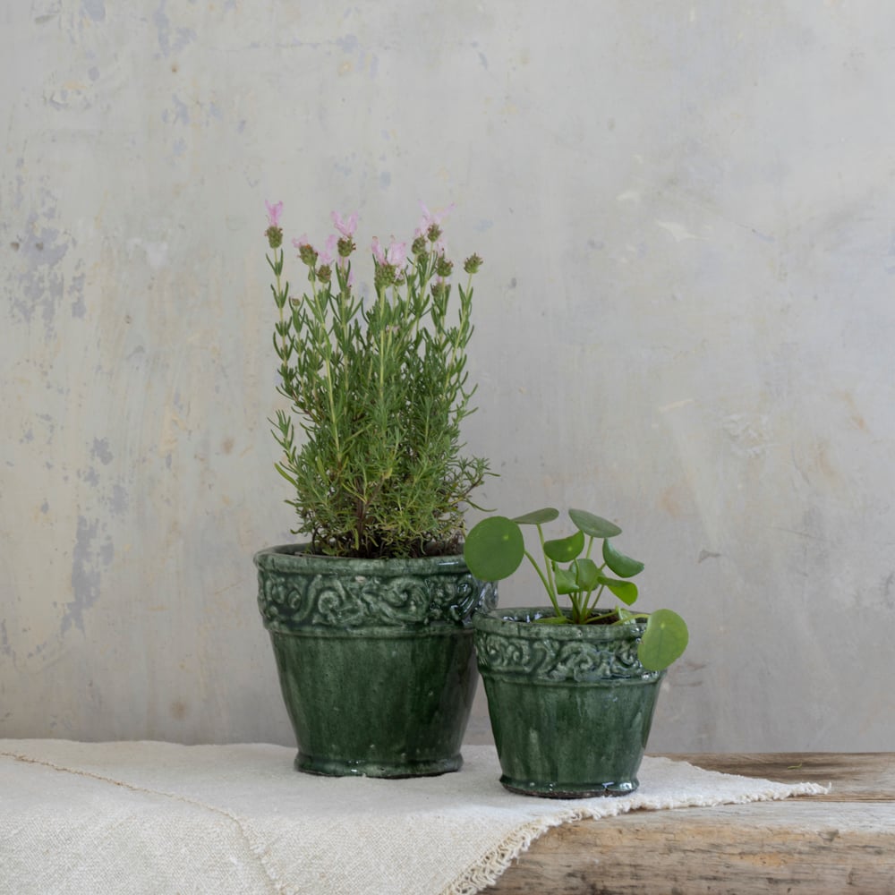 ornate green glazed planter with intricate raised decorative pattern