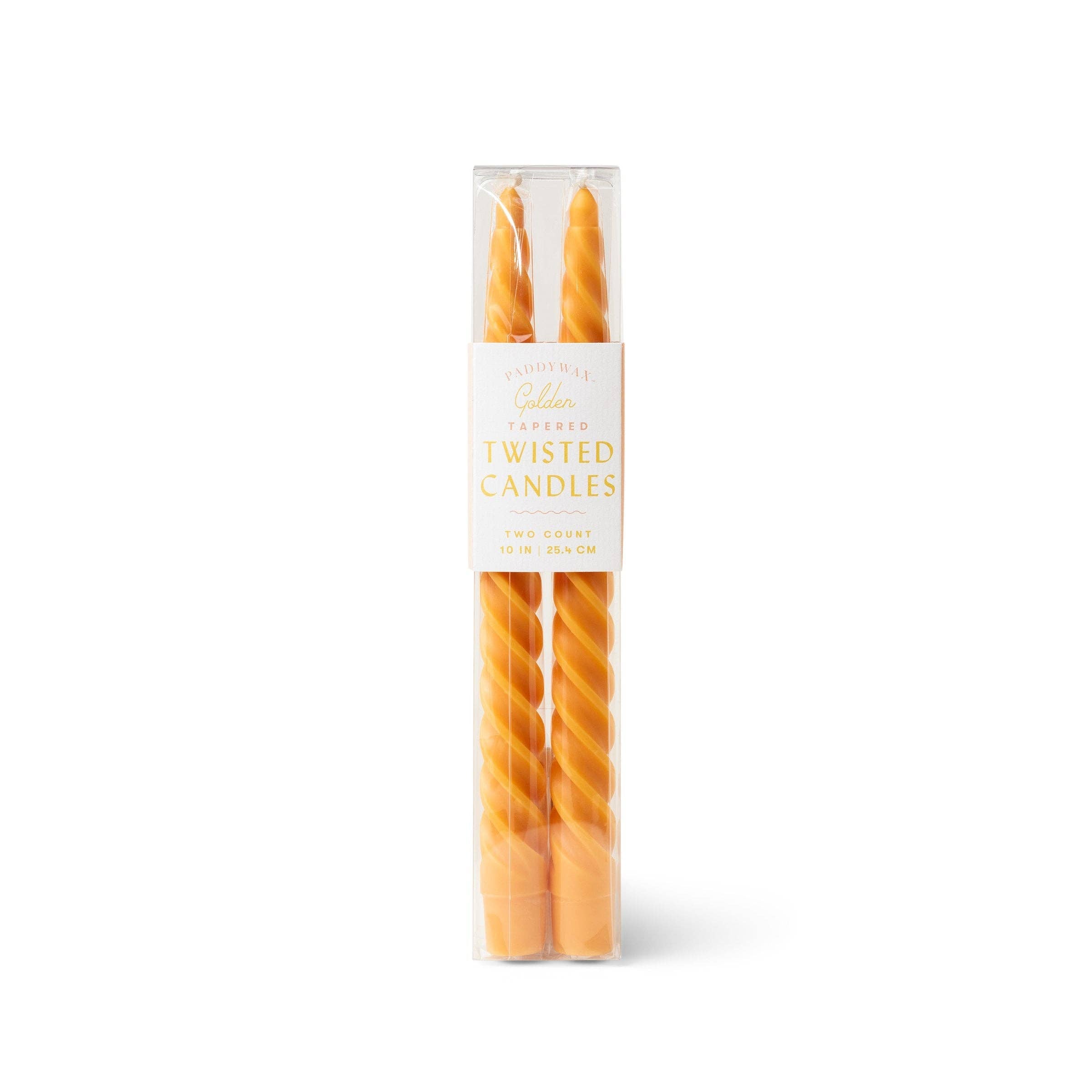 Paddywax Golden Yellow twisted taper candles set of two with sculptural spiral design.