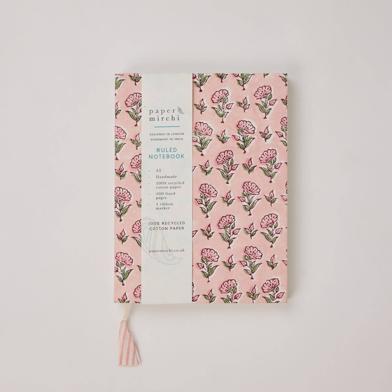 Ditsy Floral Blush A5 notebook by Paper Mirchi with hand block printed artisan cover and tassel marker.
