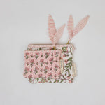 Paper Mirchi Floral Blush organic cotton zipped pouch duo with handcrafted quilted block print design.